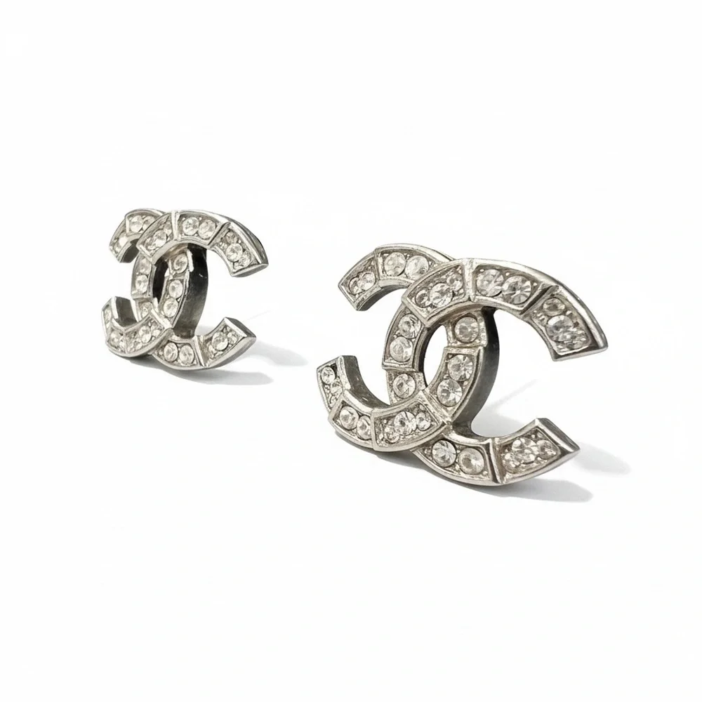 CHANEL Silver and Crystal Logo Pierced Earrings - Picture 3 of 7